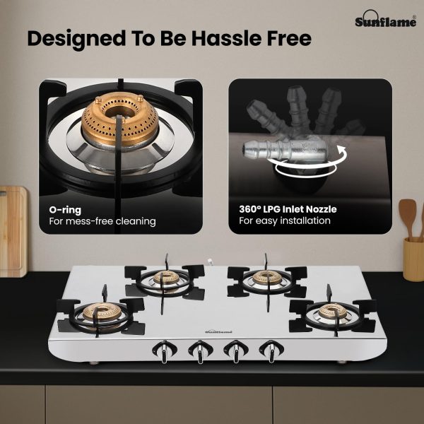 Sunflame SSH 2M, 4 Burner Stainless Steel Gas Stove, High Gloss Mirror-Finish Design, Durable Forged Brass Burners, Sturdy Pan Support, 5-Year Coverage on Burners, SS Body & Valve, Silver
