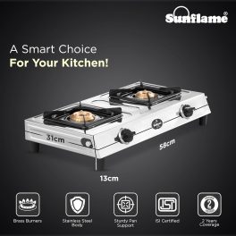 Sunflame Shakti DX, 2 Burner Stainless Steel Gas Stove, Durable Forged Brass Burners, Sturdy Pan Support, 5-Year Coverage on Burners, SS Body & Valve, Stainless Steel