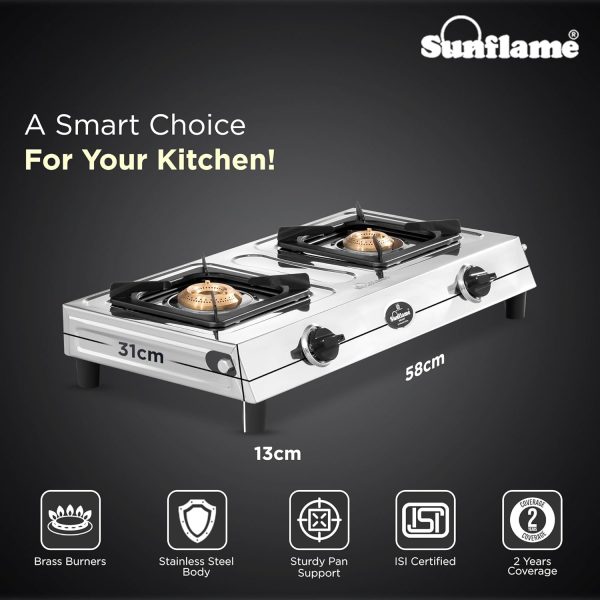 Sunflame Shakti DX, 2 Burner Stainless Steel Gas Stove, Durable Forged Brass Burners, Sturdy Pan Support, 5-Year Coverage on Burners, SS Body & Valve, Stainless Steel