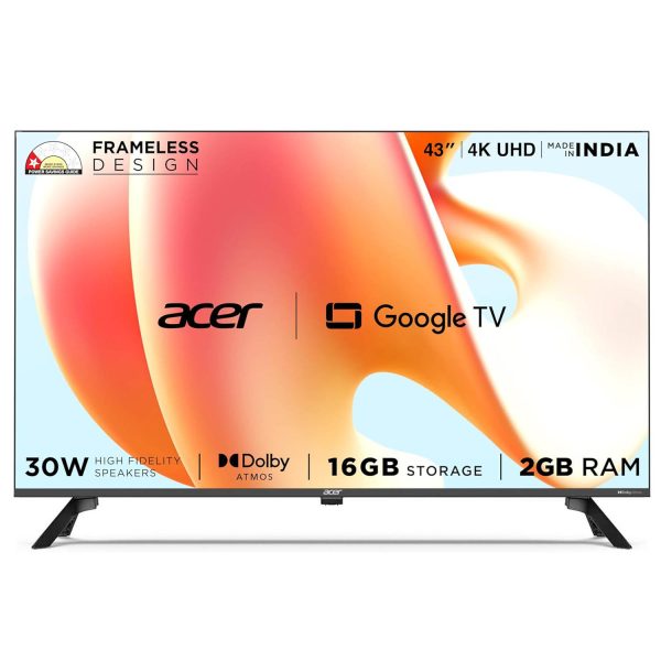 Acer AR43UDGGR2851AD, 108cm (43 inches) G Plus Series 4K Ultra HD LED Smart Google TV, Frameless Design, Super Brightness, HDR10+, Dolby Atmos, Eye Care protect, Black