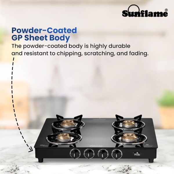 Sunflame Jumbo, 4 Burner Toughened glass top Gas Stove, Stainless steel drip tray, Durable Forged Brass Burners, Sturdy Pan Support, 5-Year Coverage on Burners & Glass, Black