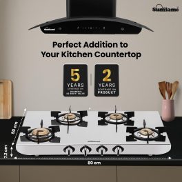 Sunflame SSH 2M, 4 Burner Stainless Steel Gas Stove, High Gloss Mirror-Finish Design, Durable Forged Brass Burners, Sturdy Pan Support, 5-Year Coverage on Burners, SS Body & Valve, Silver