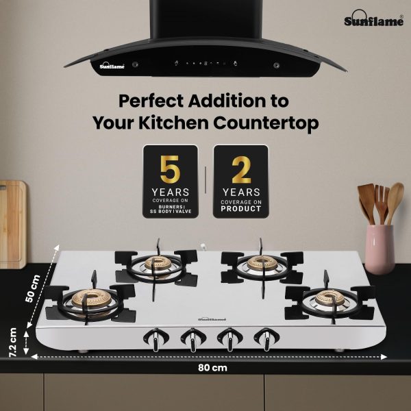 Sunflame SSH 2M, 4 Burner Stainless Steel Gas Stove, High Gloss Mirror-Finish Design, Durable Forged Brass Burners, Sturdy Pan Support, 5-Year Coverage on Burners, SS Body & Valve, Silver