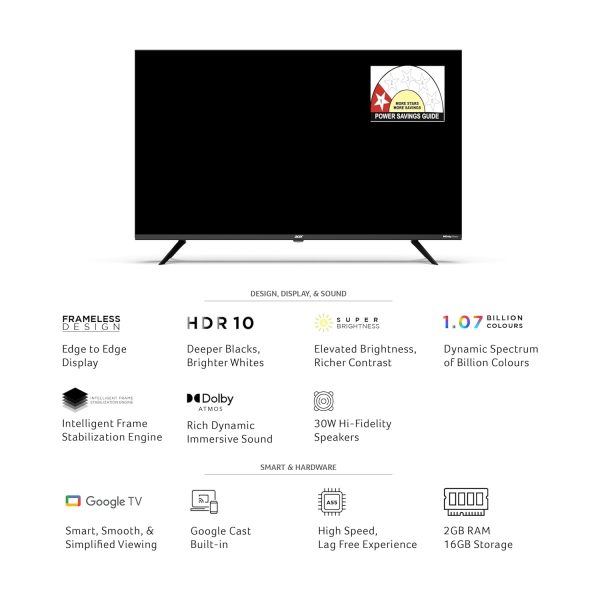 Acer AR55GT2851UDFL, 139cm (55 inches) G Plus Series 4K Ultra HD LED Smart Google TV, Frameless Design, Super Brightness, HDR10+, Dolby Atmos, Eye Care protect, Black