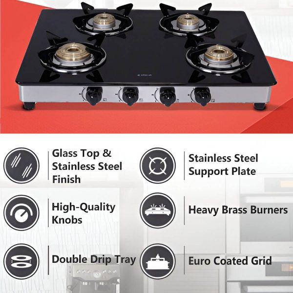 Elica 694 CT DT VETRO, Glass CookTop 4 Burner Gas Stove with Double Drip Tray, Round Euro Coated Grid, Silver Steel