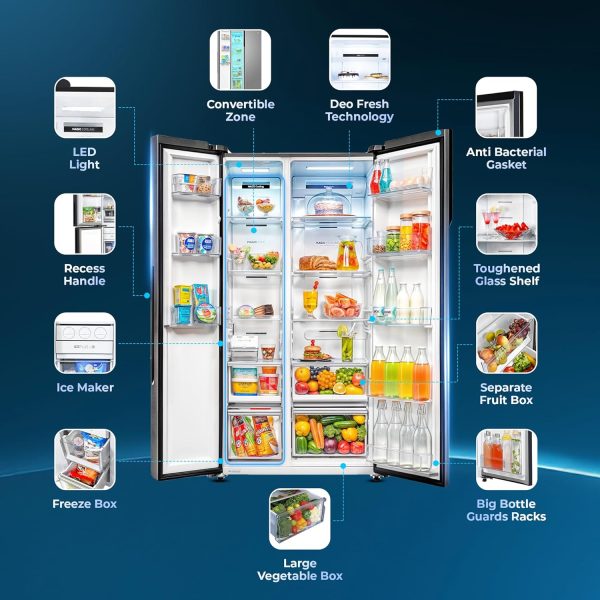 Haier HES-690GK, 596 Litre 3 Star Side-by-Side Refrigerator with 100% Convertible Fridge Space and Expert Inverter Technology, Graphite Black