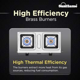 Sunflame Shakti DX, 2 Burner Stainless Steel Gas Stove, Durable Forged Brass Burners, Sturdy Pan Support, 5-Year Coverage on Burners, SS Body & Valve, Stainless Steel