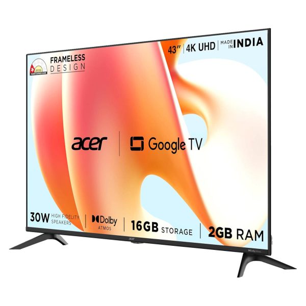 Acer AR43UDGGR2851AD, 108cm (43 inches) G Plus Series 4K Ultra HD LED Smart Google TV, Frameless Design, Super Brightness, HDR10+, Dolby Atmos, Eye Care protect, Black