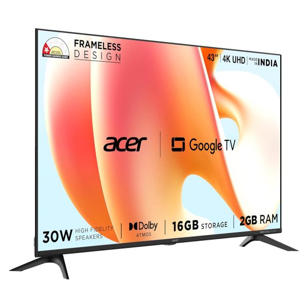 Acer AR43UDGGR2851AD, 108cm (43 inches) G Plus Series 4K Ultra HD LED Smart Google TV, Frameless Design, Super Brightness, HDR10+, Dolby Atmos, Eye Care protect, Black