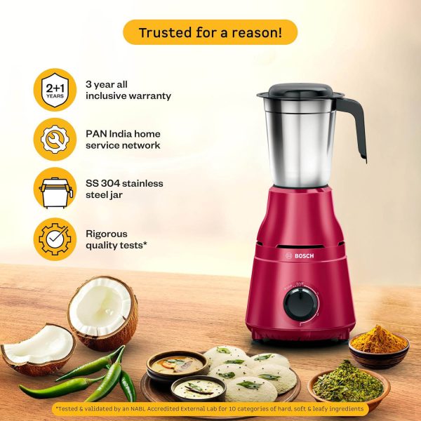 Bosch MG2213C4RI, TrueMixx 500 W 3 Jar, Stainless steel blades for high performance wet, dry and chutney grinding Mixer Grinder, W Red