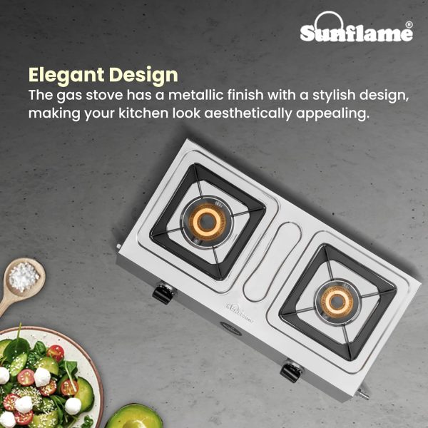 Sunflame Shakti DX, 2 Burner Stainless Steel Gas Stove, Durable Forged Brass Burners, Sturdy Pan Support, 5-Year Coverage on Burners, SS Body & Valve, Stainless Steel