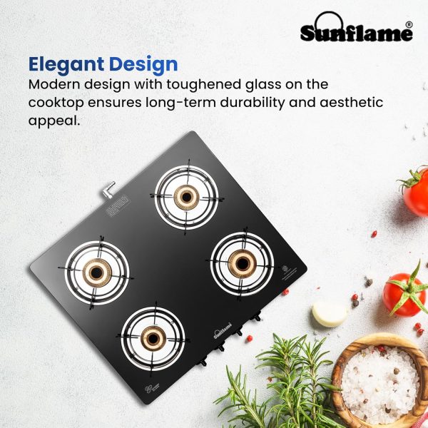 Sunflame Jumbo, 4 Burner Toughened glass top Gas Stove, Stainless steel drip tray, Durable Forged Brass Burners, Sturdy Pan Support, 5-Year Coverage on Burners & Glass, Black