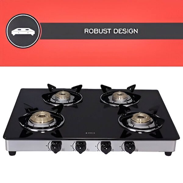 Elica 694 CT DT VETRO, Glass CookTop 4 Burner Gas Stove with Double Drip Tray, Round Euro Coated Grid, Silver Steel