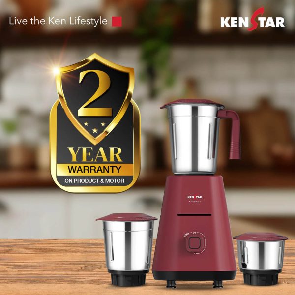Kenstar Karishmatic 500 W, 3 Jar Mixer Grinder, Ultra Precision Heavy-duty Stainless steel Ultima blades, smart overload protection, 2 year warranty, Wine Red