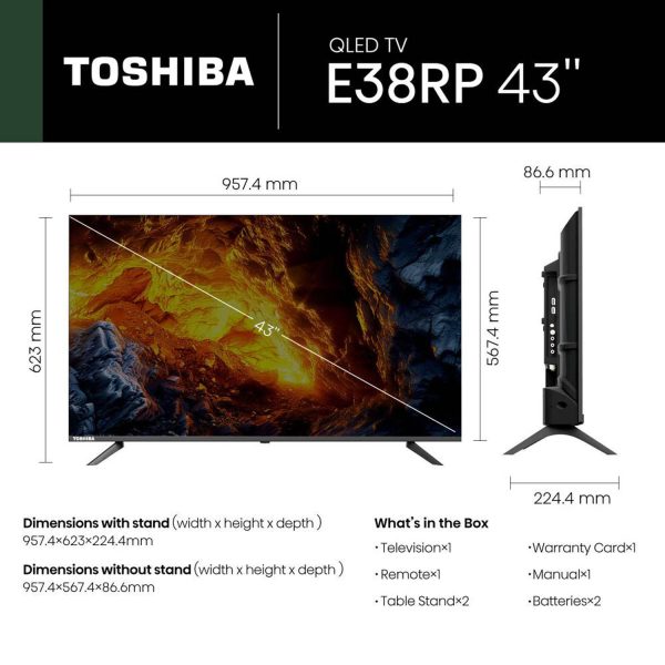 TOSHIBA 43E38RP, 108cm (43 inch) QLED Full HD Smart Google TV 2025 Edition with 30W Powerful Sound, Dolby Audio, Apple Airplay, Quantum Dot Colour, Bezel Less Design, Super Bright Panel, Silver