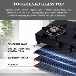 Elica 774 CT DT VETRO, Glass Cook Top 4 Burner Gas Stove with Double Drip Tray, Round Euro Coated Grid, Black