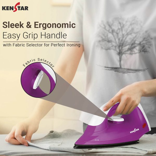Kenstar Zeva, 1000 W Dry Iron, Non- Stick PTFE Soleplate, Auto Cut-Off function, 180° Swivel Cord, Bi metallic thermostat with thermal fuse technology, 2 Year Warranty, Purple