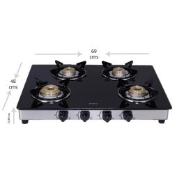 Elica 694 CT DT VETRO, Glass CookTop 4 Burner Gas Stove with Double Drip Tray, Round Euro Coated Grid, Silver Steel