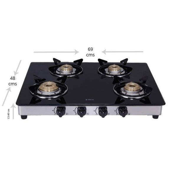 Elica 694 CT DT VETRO, Glass CookTop 4 Burner Gas Stove with Double Drip Tray, Round Euro Coated Grid, Silver Steel