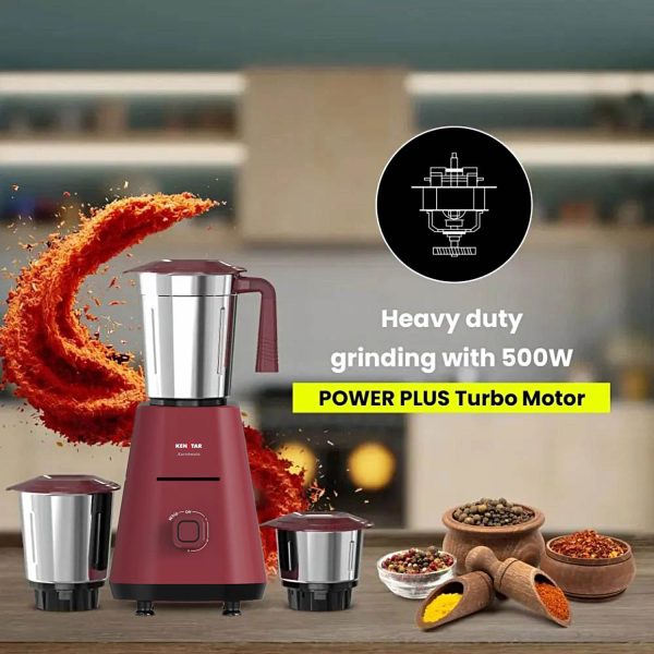 Kenstar Karishmatic 500 W, 3 Jar Mixer Grinder, Ultra Precision Heavy-duty Stainless steel Ultima blades, smart overload protection, 2 year warranty, Wine Red