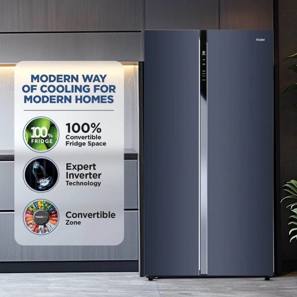 Haier HES-690GK, 596 Litre 3 Star Side-by-Side Refrigerator with 100% Convertible Fridge Space and Expert Inverter Technology, Graphite Black