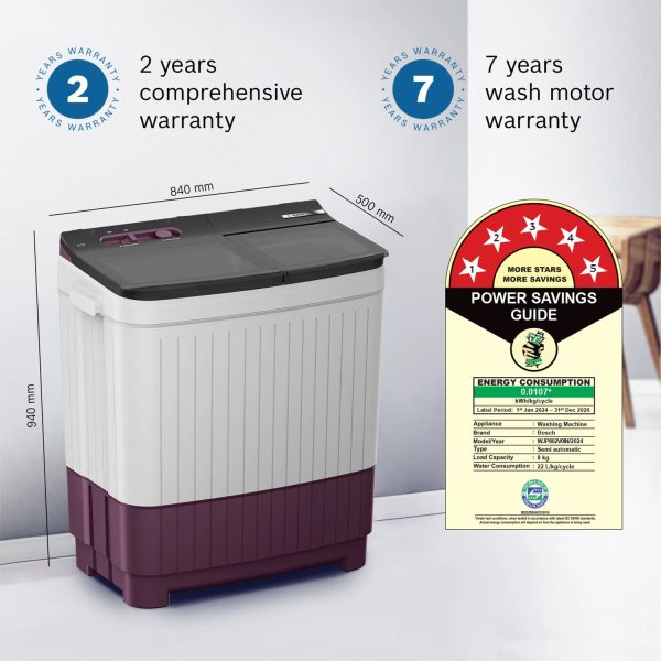 BOSCH WJP802V0IN, 8 kg 5 Star with 1300 High RPM Spin Motor Semi Automatic Top Load Washing Machine,3 Wash Programs, Anti-Rust Body, Wine