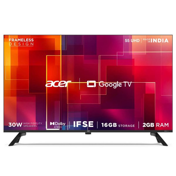 Acer AR55GT2851UDFL, 139cm (55 inches) G Plus Series 4K Ultra HD LED Smart Google TV, Frameless Design, Super Brightness, HDR10+, Dolby Atmos, Eye Care protect, Black