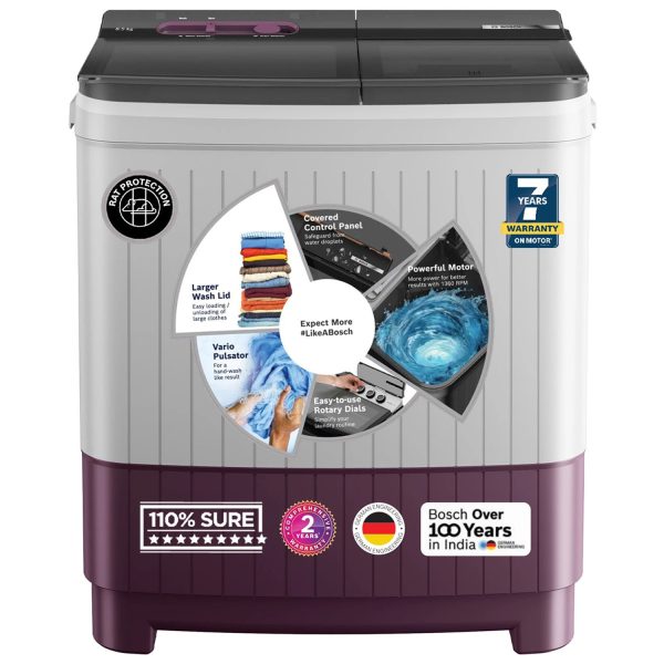 BOSCH WJP802V0IN, 8 kg 5 Star with 1300 High RPM Spin Motor Semi Automatic Top Load Washing Machine,3 Wash Programs, Anti-Rust Body, Wine