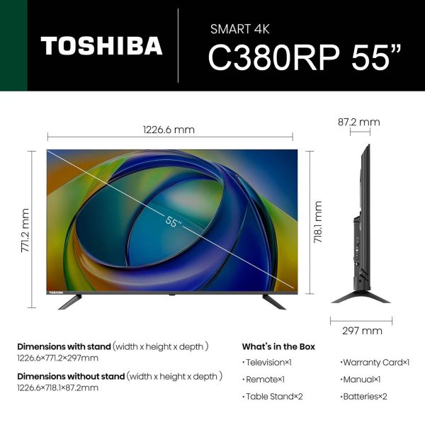TOSHIBA 55C380RP, 139cm (55 inches) C Series 4K Ultra HD Smart LED TV, Bezel Less Design With REGZA Engine 4K, AI Picture Optimizer, AI 4K Upscaling, Wifi, Dolby Atmos, Black