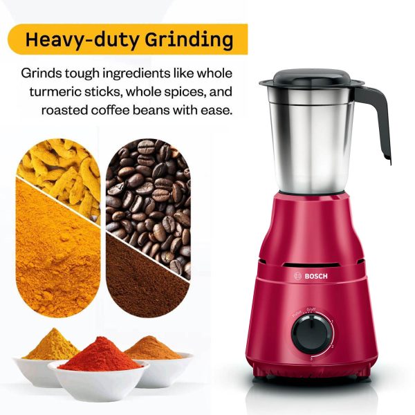 Bosch MG2213C4RI, TrueMixx 500 W 3 Jar, Stainless steel blades for high performance wet, dry and chutney grinding Mixer Grinder, W Red