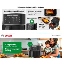 Bosch 1350 Watts Cripsmaxx Air Fryer 4L, With Touch Panel, Smart Integrated System, With Adjustable Grid With 6 Preset+ Preheat And Keep Warm Function, Black, MAF240B0IN