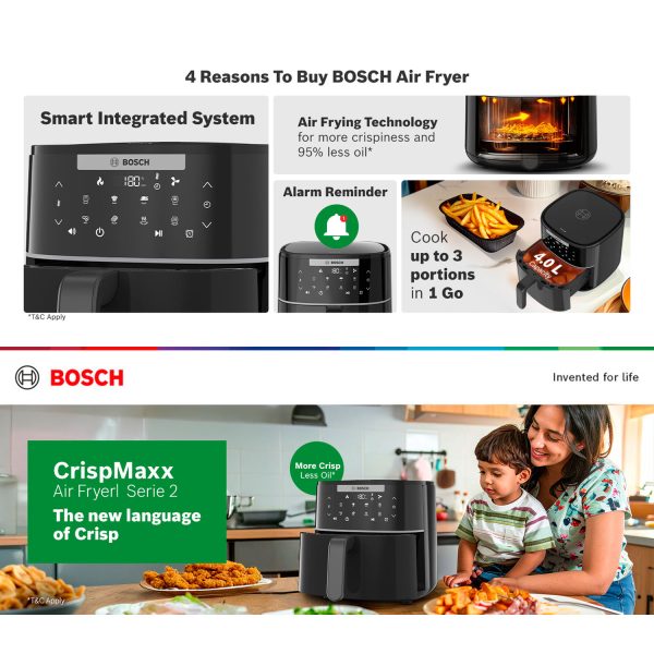 Bosch 1350 Watts Cripsmaxx Air Fryer 4L, With Touch Panel, Smart Integrated System, With Adjustable Grid With 6 Preset+ Preheat And Keep Warm Function, Black, MAF240B0IN