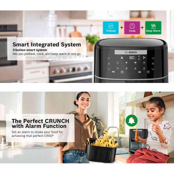 Bosch 1350 Watts Cripsmaxx Air Fryer 4L, With Touch Panel, Smart Integrated System, With Adjustable Grid With 6 Preset+ Preheat And Keep Warm Function, Black, MAF240B0IN