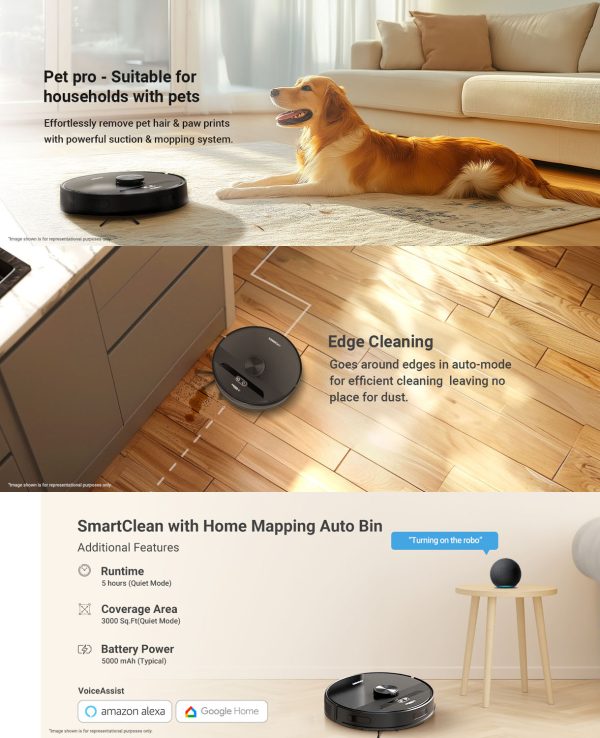 Eureka Forbes Robo Vacuum Cleaner with 5 Hour Run Time, Smart App Control, Auto Bin and 65 Days of Hand Free Cleaning, Black, Smart Clean