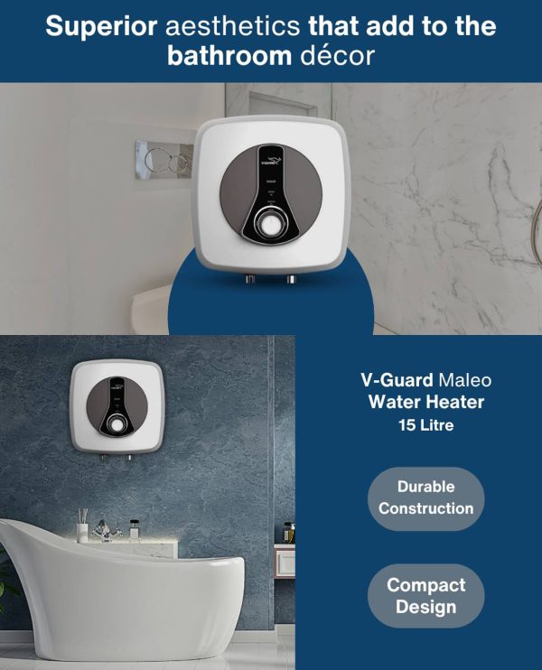 V GUARD 10 Litre Storage Water Heater with 5 Star Rating, Compact Design, Stylish Appearance, Superior Aesthestics, White, Maleo