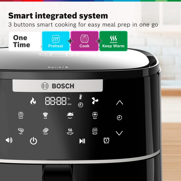 Bosch 1350 Watts Cripsmaxx Air Fryer 4L, With Touch Panel, Smart Integrated System, With Adjustable Grid With 6 Preset+ Preheat And Keep Warm Function, Black, MAF240B0IN