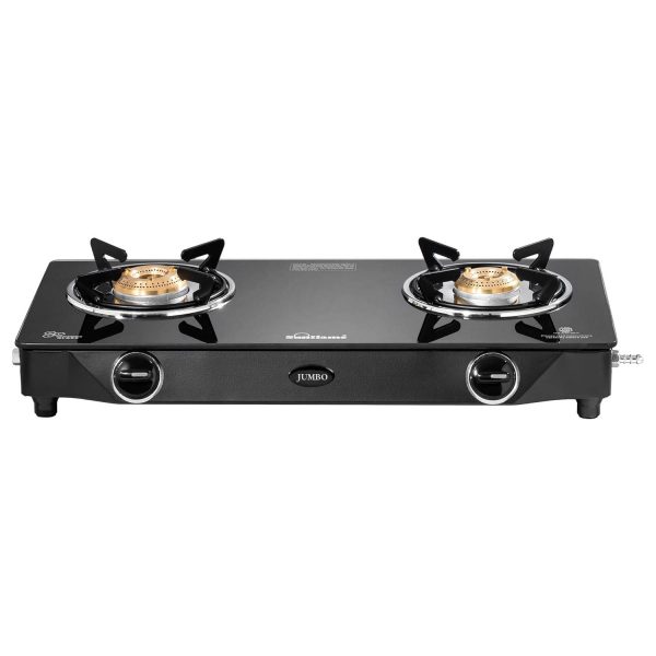 Sunflame Jumbo, 2 Burner Toughened glass top Gas Stove, Stainless steel drip tray, Durable Forged Brass Burners, Sturdy Pan Support, 5-Year Coverage on Burners & Glass, Black
