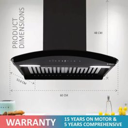 Elica GLACE HAC BF LTW 60 NERO, Auto Clean Curved Glass, 1425 CMPH BLDC Motor, Intelli-Sense 9 Speed Control, Heat Autoclean, Gesture Control, Baffle Filter, Black
