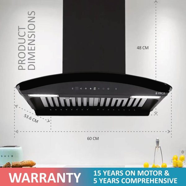 Elica GLACE HAC BF LTW 60 NERO, Auto Clean Curved Glass, 1425 CMPH BLDC Motor, Intelli-Sense 9 Speed Control, Heat Autoclean, Gesture Control, Baffle Filter, Black