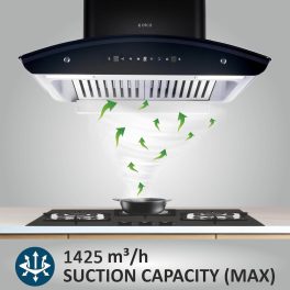 Elica GLACE HAC BF LTW 60 NERO, Auto Clean Curved Glass, 1425 CMPH BLDC Motor, Intelli-Sense 9 Speed Control, Heat Autoclean, Gesture Control, Baffle Filter, Black