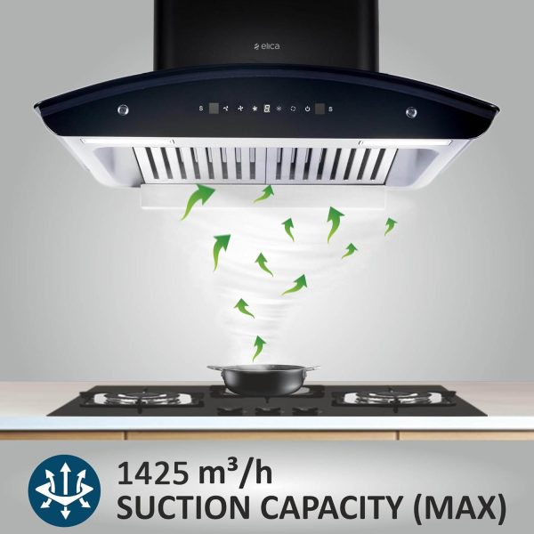 Elica GLACE HAC BF LTW 60 NERO, Auto Clean Curved Glass, 1425 CMPH BLDC Motor, Intelli-Sense 9 Speed Control, Heat Autoclean, Gesture Control, Baffle Filter, Black