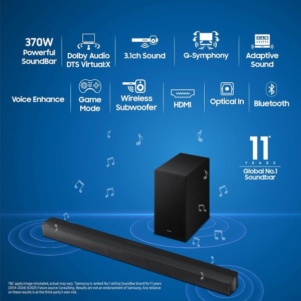 Samsung 370 W 3.1ch Soundbar with Dolby Audio, DTS Virtual X, Q-Symphony, Center Speaker, 3D Surround Sound, HDMI ARC, Optical in, Bluetooth, USB, Wireless Subwoofer, Black, HW-B650F/XL