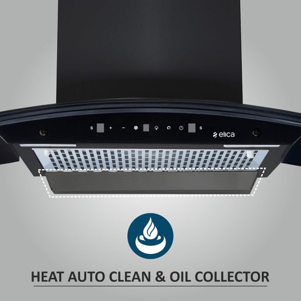 Elica GLACE HAC BF LTW 60 NERO, Auto Clean Curved Glass, 1425 CMPH BLDC Motor, Intelli-Sense 9 Speed Control, Heat Autoclean, Gesture Control, Baffle Filter, Black