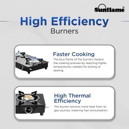 Sunflame Jumbo, 2 Burner Toughened glass top Gas Stove, Stainless steel drip tray, Durable Forged Brass Burners, Sturdy Pan Support, 5-Year Coverage on Burners & Glass, Black