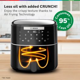Bosch 1350 Watts Cripsmaxx Air Fryer 4L, With Touch Panel, Smart Integrated System, With Adjustable Grid With 6 Preset+ Preheat And Keep Warm Function, Black, MAF240B0IN