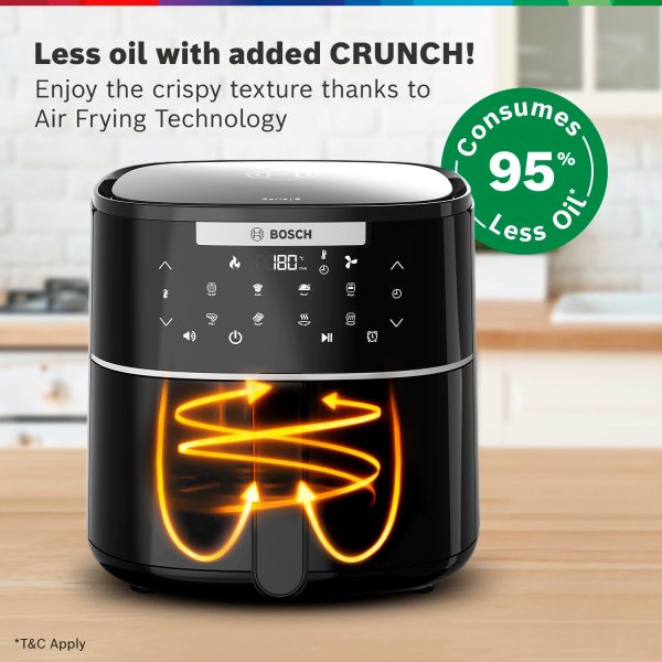 Bosch 1350 Watts Cripsmaxx Air Fryer 4L, With Touch Panel, Smart Integrated System, With Adjustable Grid With 6 Preset+ Preheat And Keep Warm Function, Black, MAF240B0IN