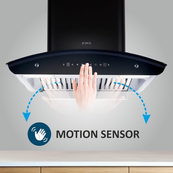 Elica GLACE HAC BF LTW 60 NERO, Auto Clean Curved Glass, 1425 CMPH BLDC Motor, Intelli-Sense 9 Speed Control, Heat Autoclean, Gesture Control, Baffle Filter, Black