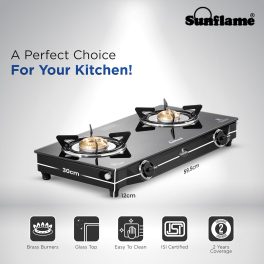 Sunflame Jumbo, 2 Burner Toughened glass top Gas Stove, Stainless steel drip tray, Durable Forged Brass Burners, Sturdy Pan Support, 5-Year Coverage on Burners & Glass, Black