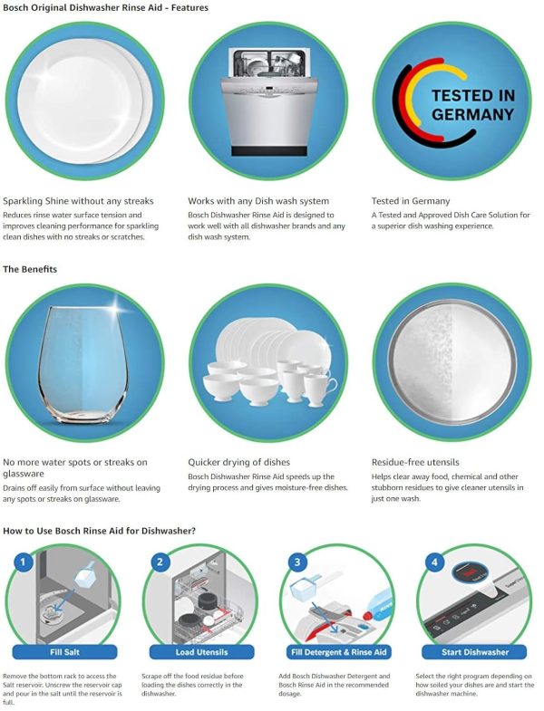 Bosch 400Ml Rinse Aid for Dishwasher Liquid, Works with any dishwasher and Removes Water Spots