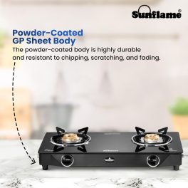 Sunflame Jumbo, 2 Burner Toughened glass top Gas Stove, Stainless steel drip tray, Durable Forged Brass Burners, Sturdy Pan Support, 5-Year Coverage on Burners & Glass, Black